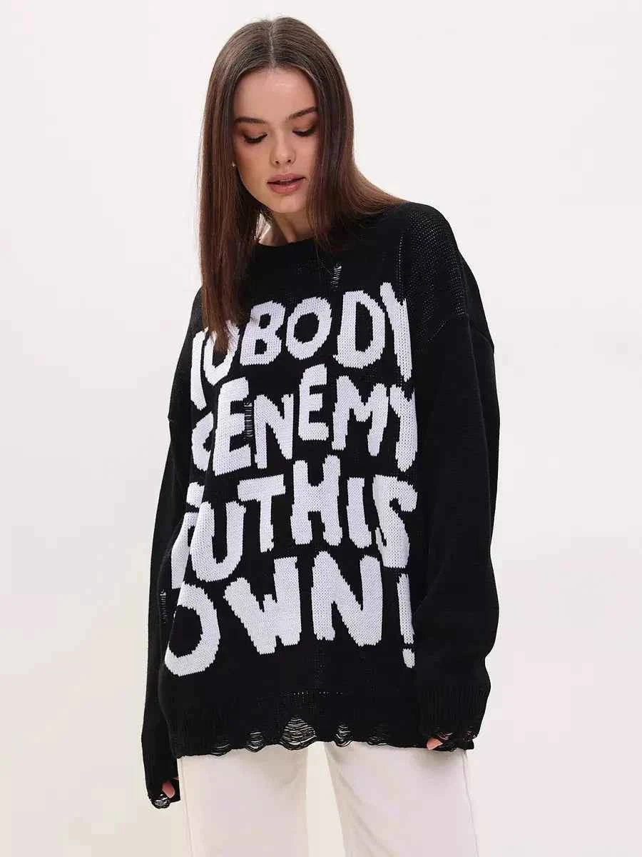 Women Retro Oversized Letter Printed Sweater