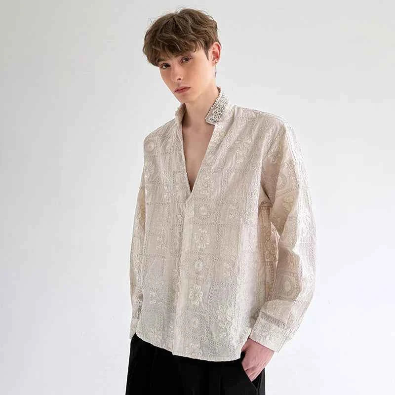Luxury Pearl Patchwork Long Sleeve Shirt