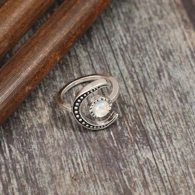 Moonstone Carving Silver Adjustable Ring