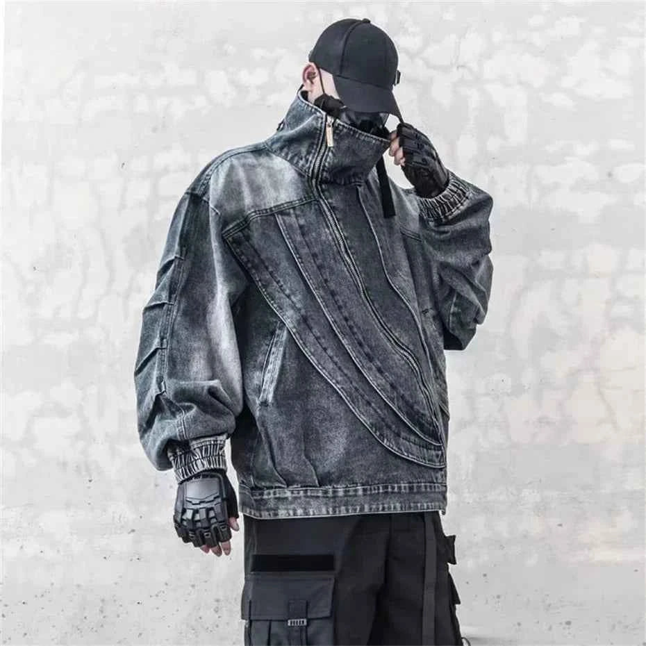 Blue Irregular Zipper Denim Jacket