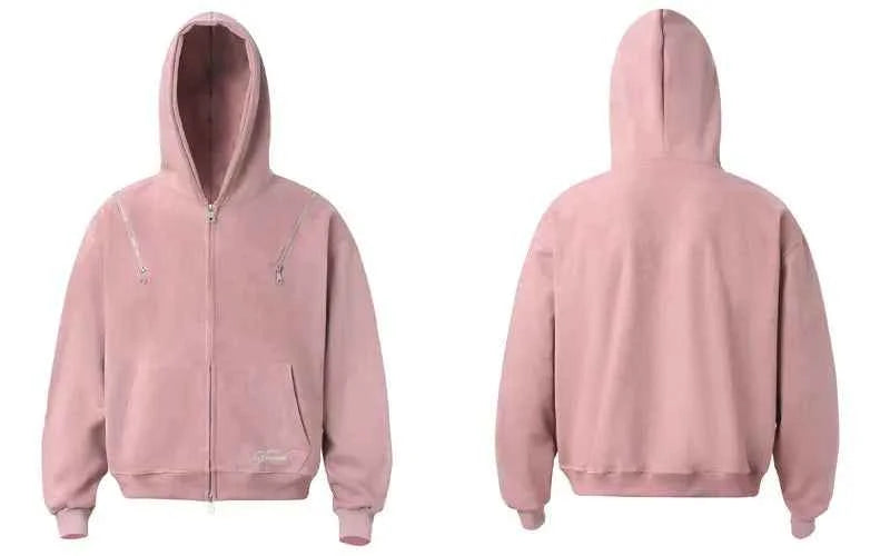 Breathable Suede Multi Zipper Hooded Sweatshirt