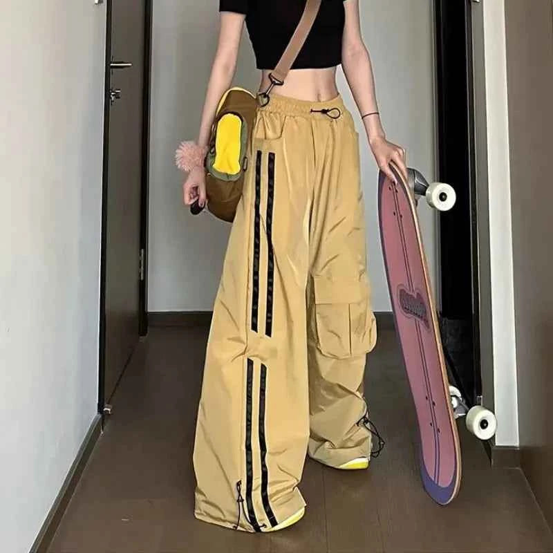 Women Hip Hop Striped Loose Wide Cargo Sweatpants