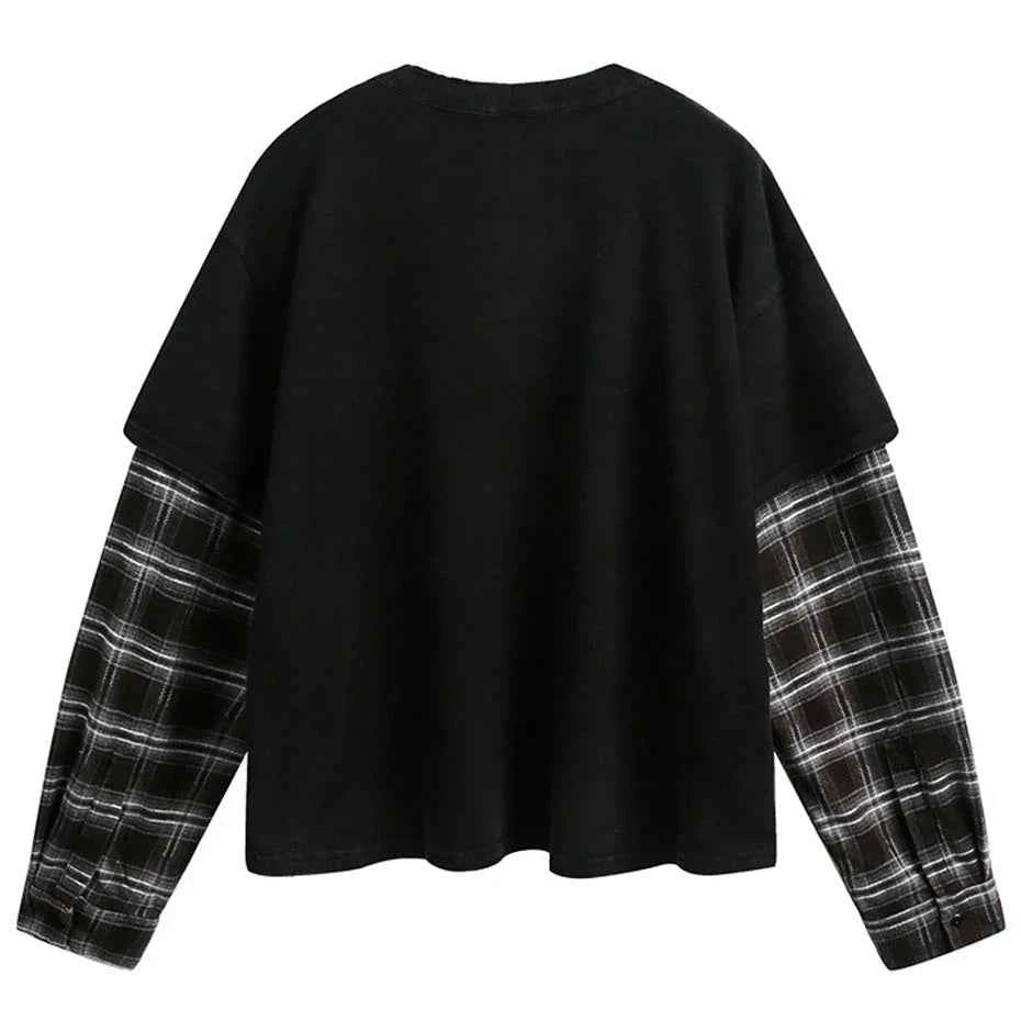 Plaid Patchwork Fake Two-Piece Long Sleeve T-Shirt