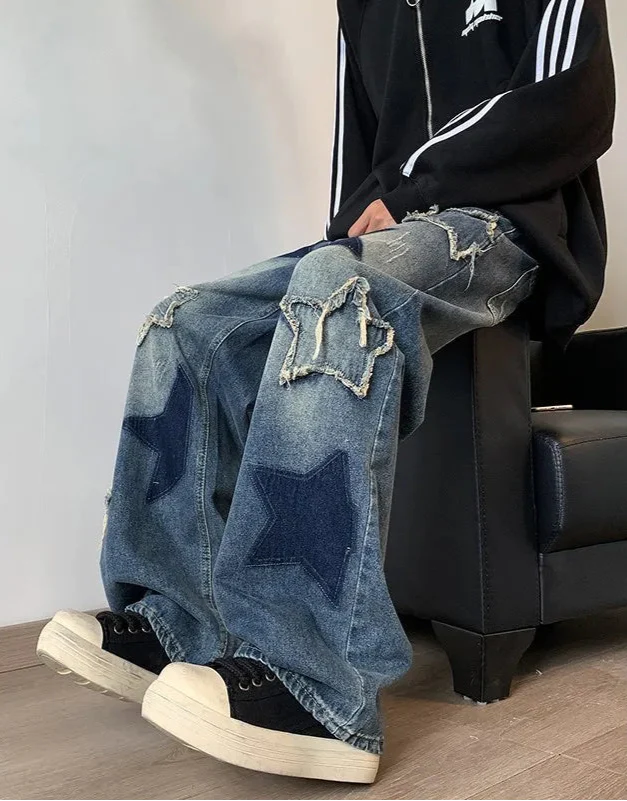 Embroidered Star Patchwork Wide Leg Jeans - Luxuryurbanwear
