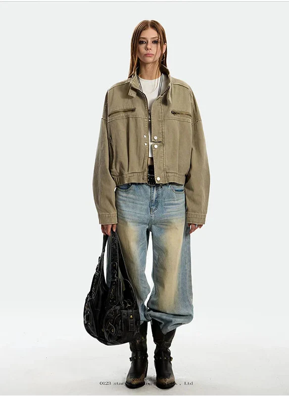 Streetwear Slim Fit Cropped Zipper Denim Jacket - Luxuryurbanwear