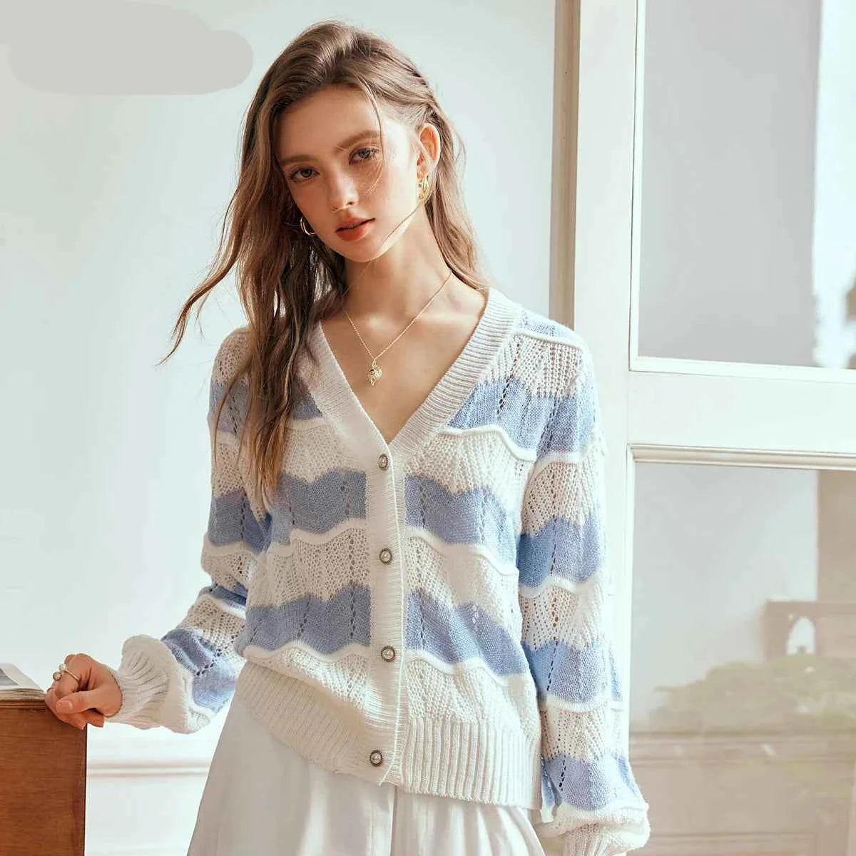 Fashionable Spliced Striped Knitted Cardigan