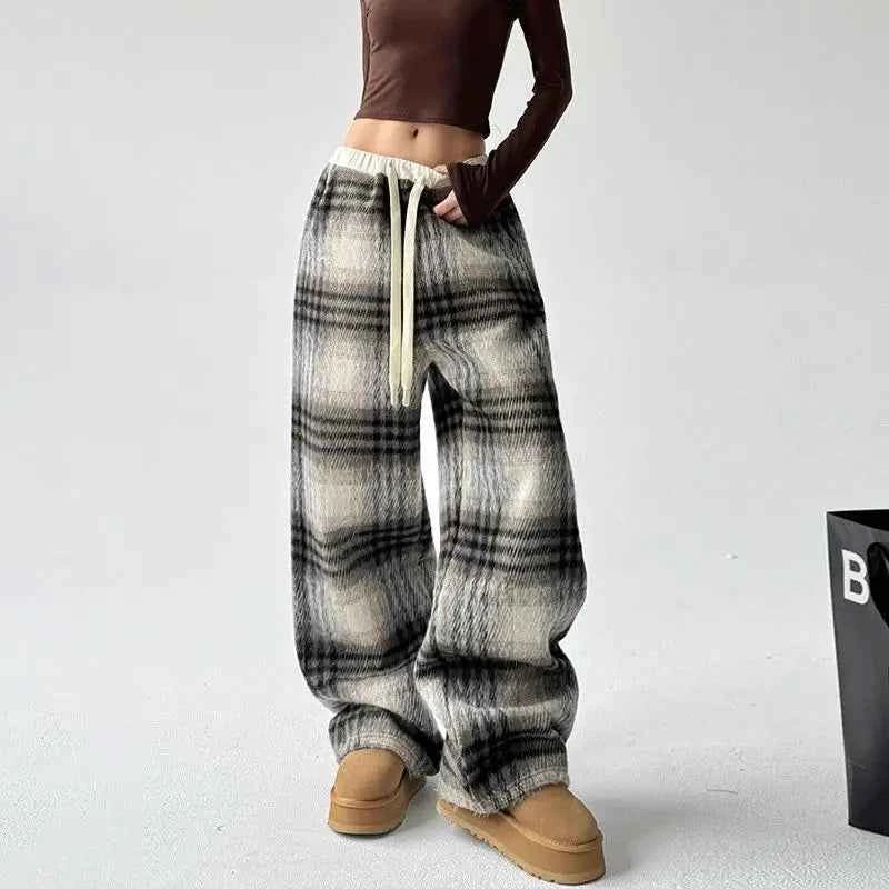 Cool Vintage American Style Plaid Wide Pants