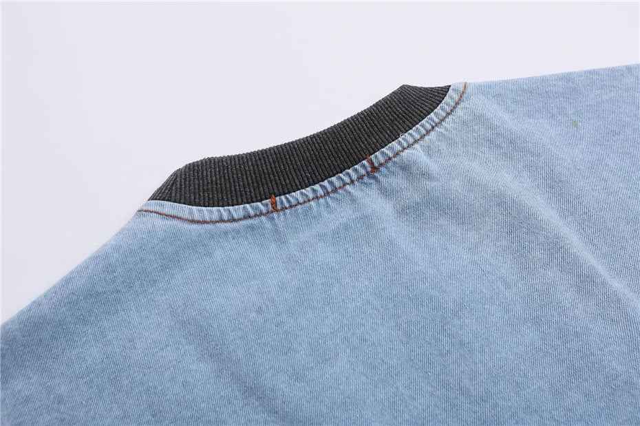 Summer Streetwear Embroidered Patch Denim T-Shirt