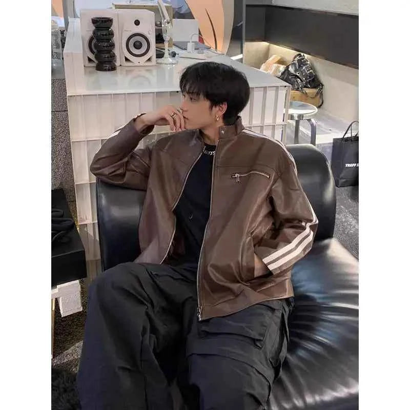 Korean Style Striped Casual PU Leather Jacket