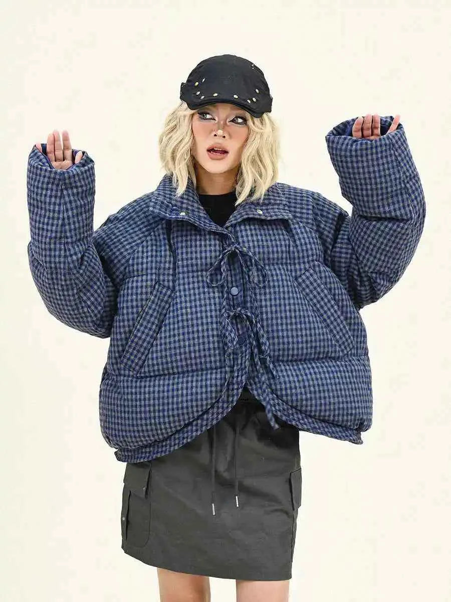 Plaid Vintage Style Oversize Zipper Puffer Jacket