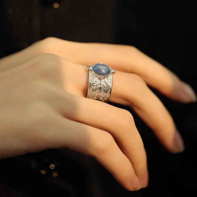 Blue Stone Leaf Flower Silver Ring