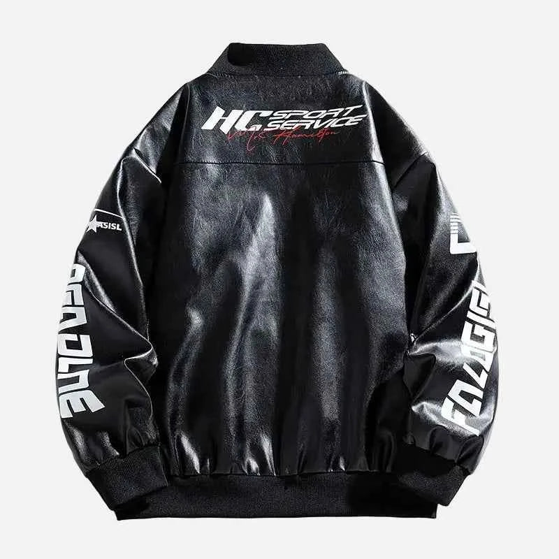 High Street Letter Print Loose Fit Leather Jacket