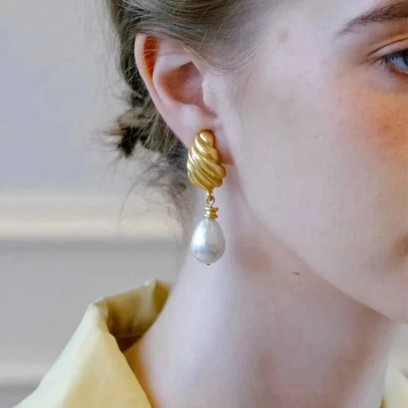 Stylish Gold Pearl Geometric Drop Earrings