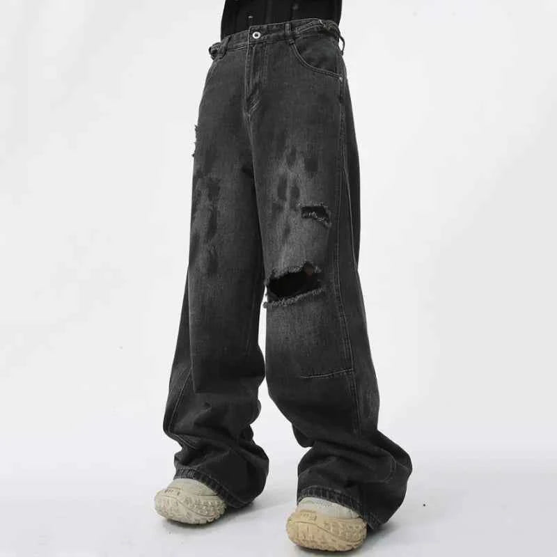 Vintage Distressed Ripped Straight Denim Jeans