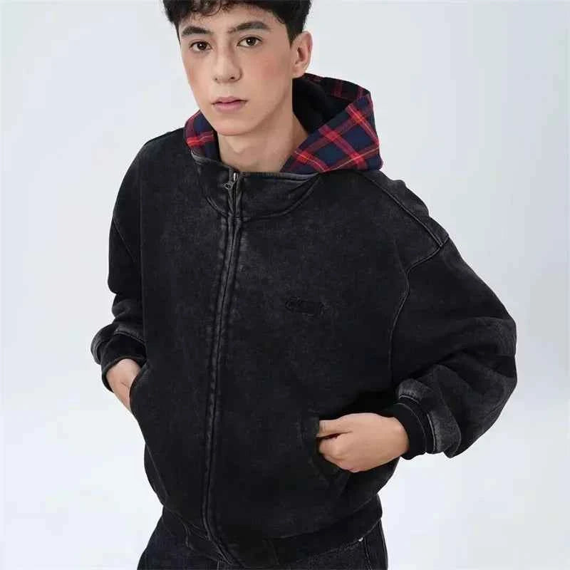 Vintage Streetwear Plaid Zipper Cool Hooded Sweatshirt