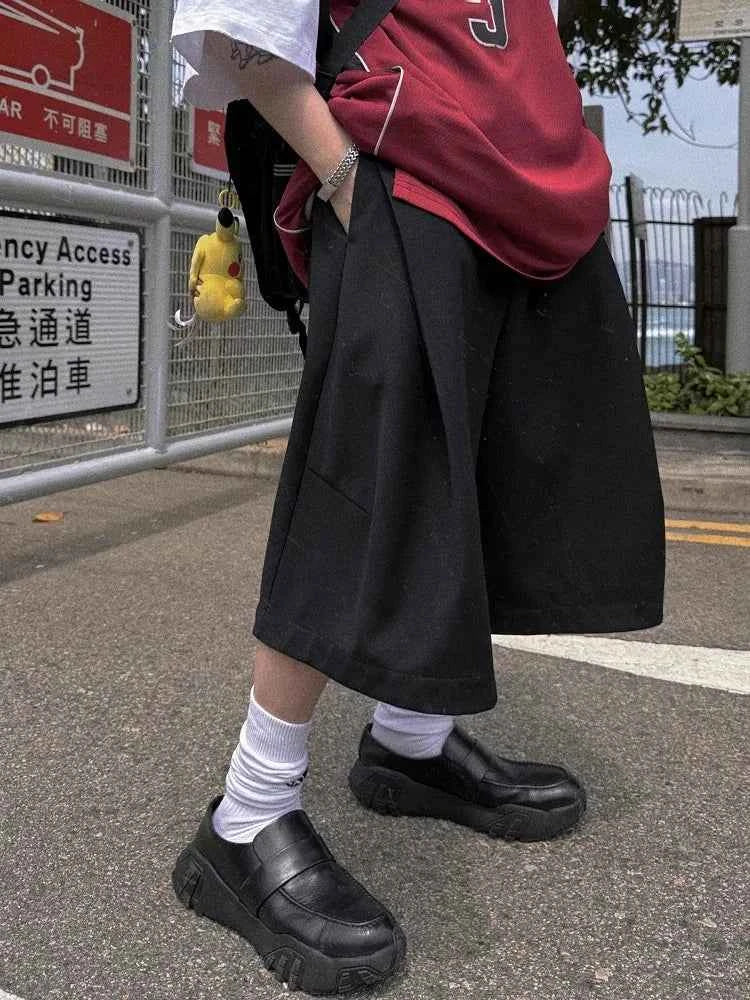 Black Soft Knee-Length Wide-Leg jorts