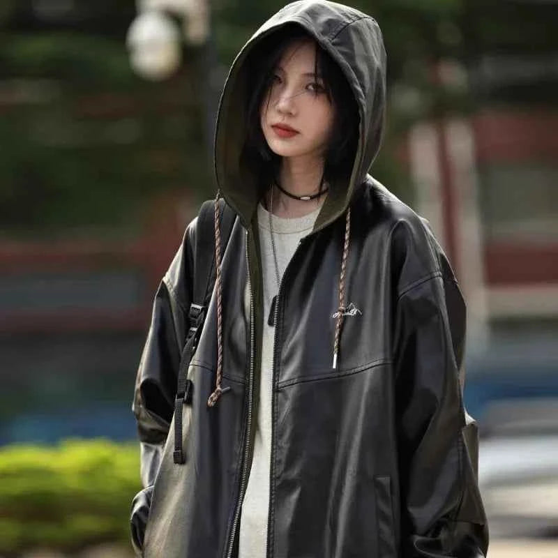 Chic Black PU Leather Hooded Zipper Jacket