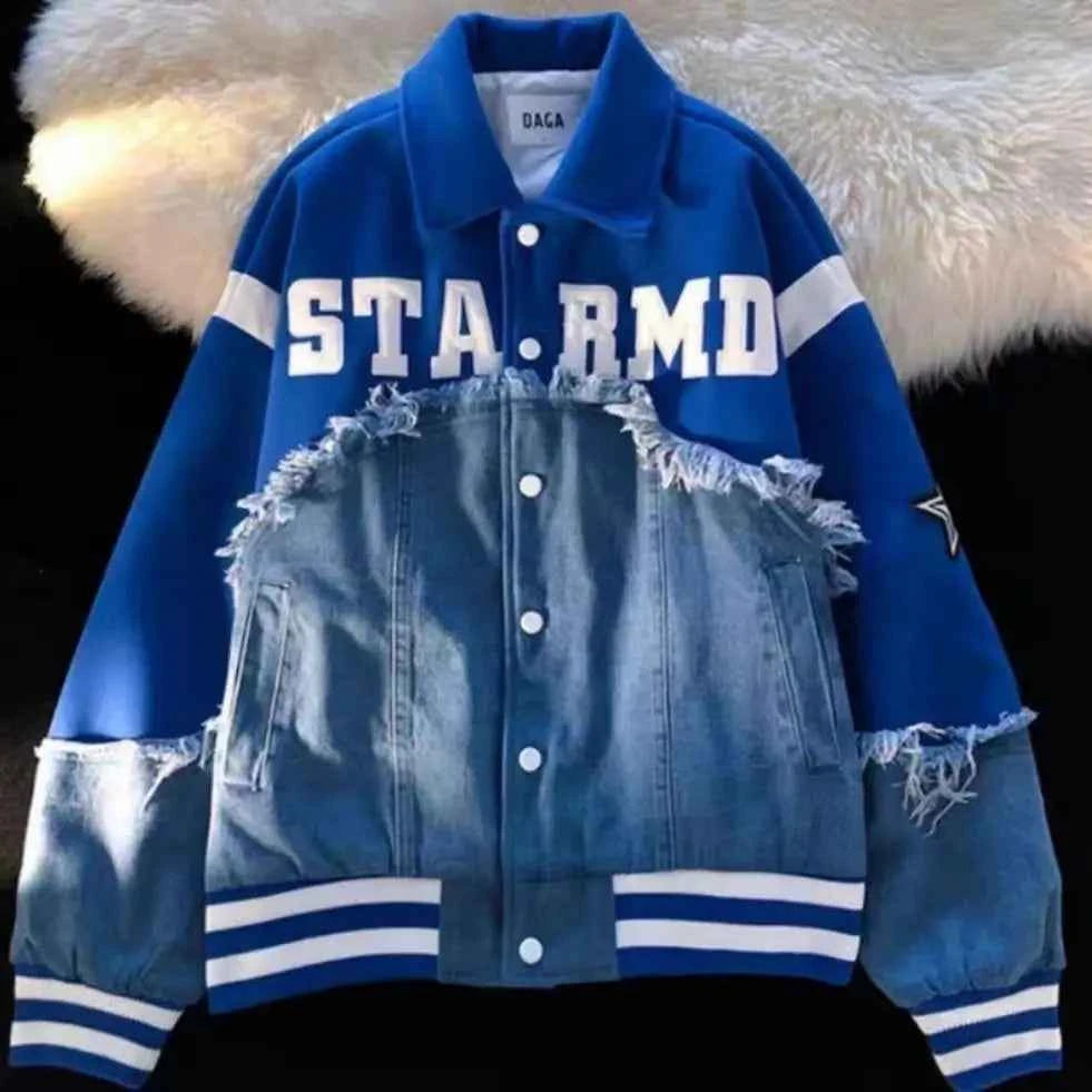 Y2K Patchwork Retro Baseball Denim Varsity Jacket