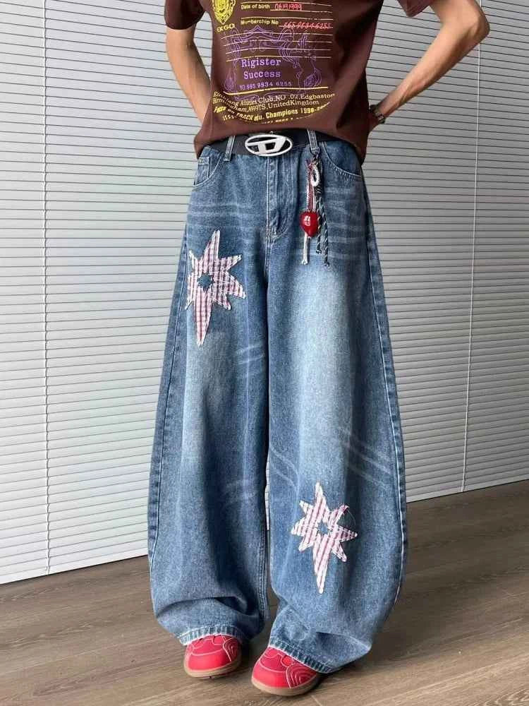 Star Embroidery Baggy Stacked Hip Hop Jeans