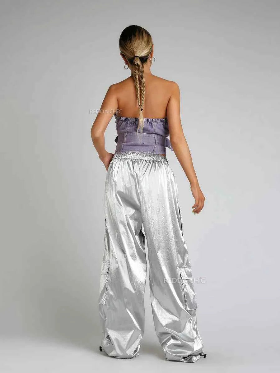 Vintage Silver Metallic Parachute Leather Pants