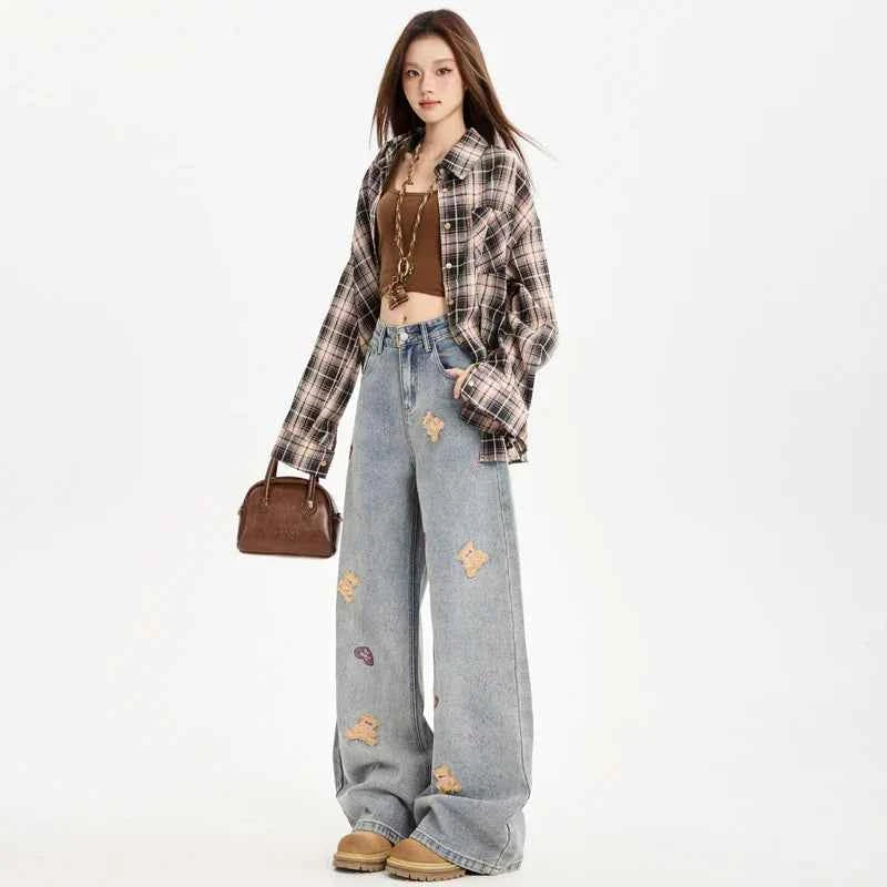 Retro Loose Embroidered Bear Denim Jeans