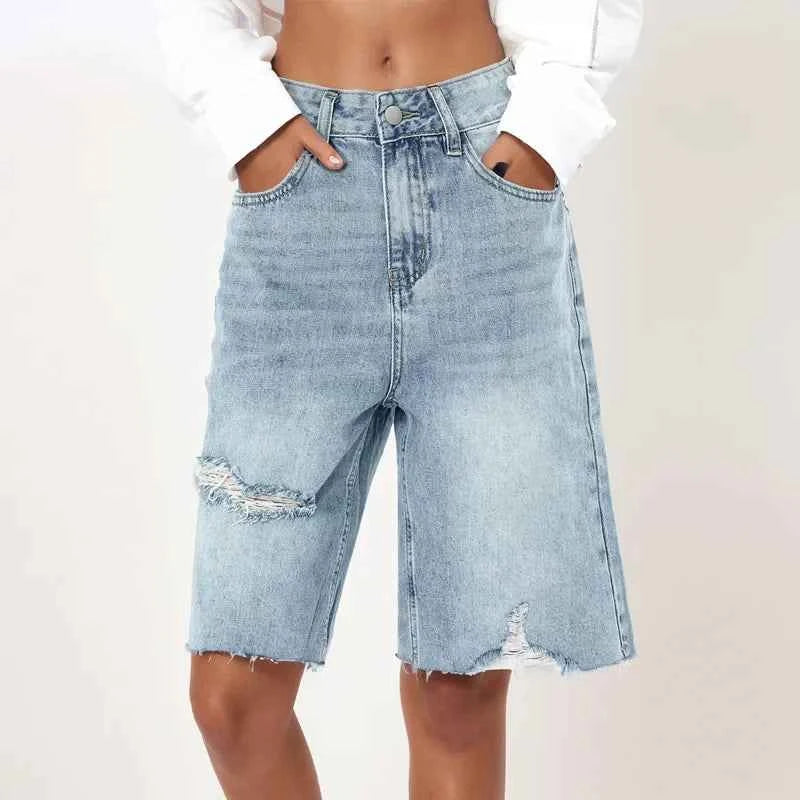 Women High Waist Raw Hem Denim Short