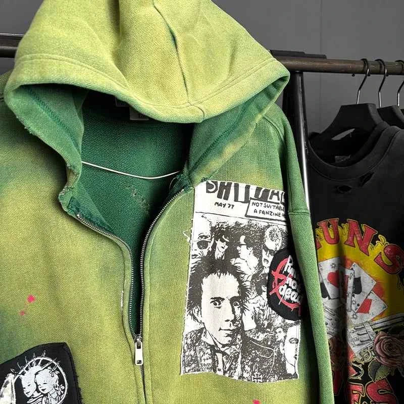 Y2K Green Retro Oversized Tie Dye Zip Sweatshirt