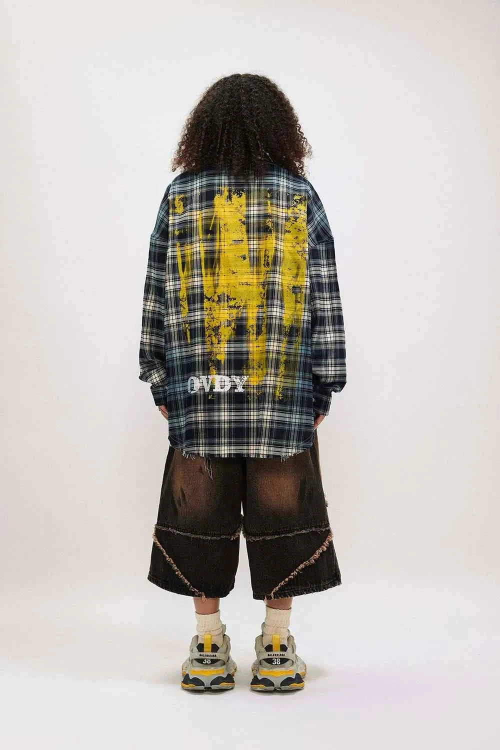 Women Flexible Vibrant Plaid Paint Splatter Shirt