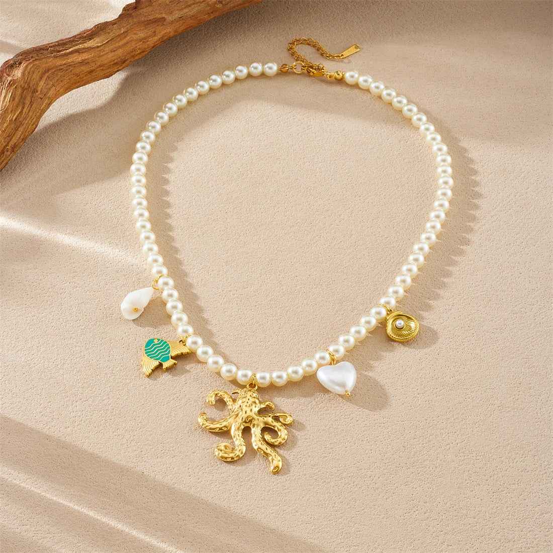 Golden Octopus Heart Pearl Pendant Necklace