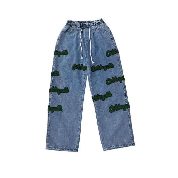 Elastic High Waist Flocked Embroidered Jeans