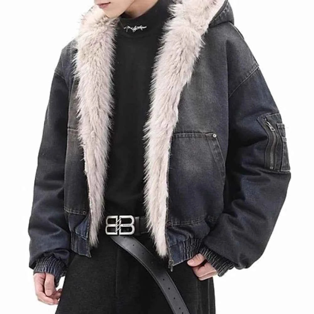 Winter Thickened Furry Hooded Denim Jacket