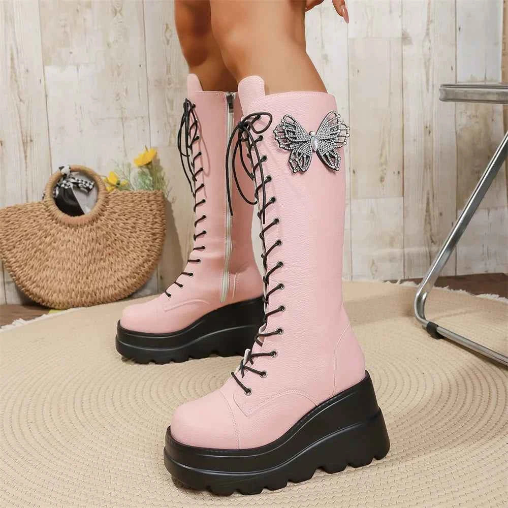 Chunky Platform Butterfly Knee High Zipper Boot