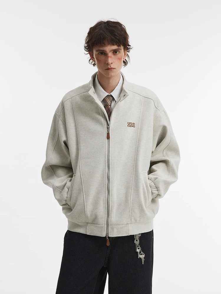 Oatmeal Melange Minimalist Stand Collar Bomber Jacket