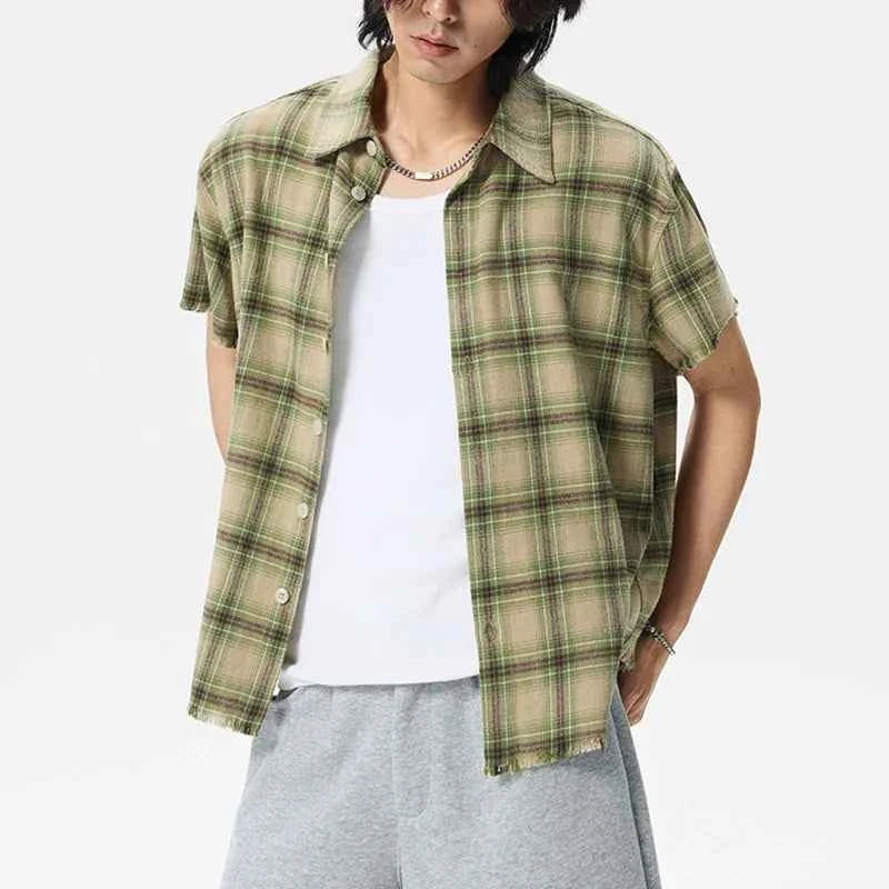 Green Plaid Vintage Lapel Short Sleeve Shirt