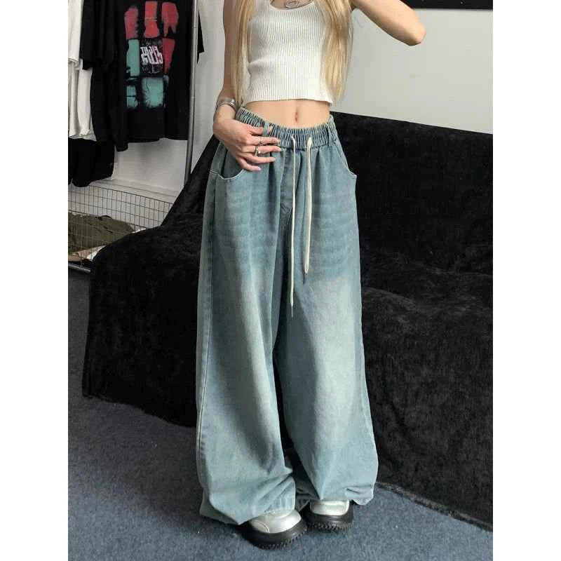 Women Elastic Straight Wide Leg Denim Jeans