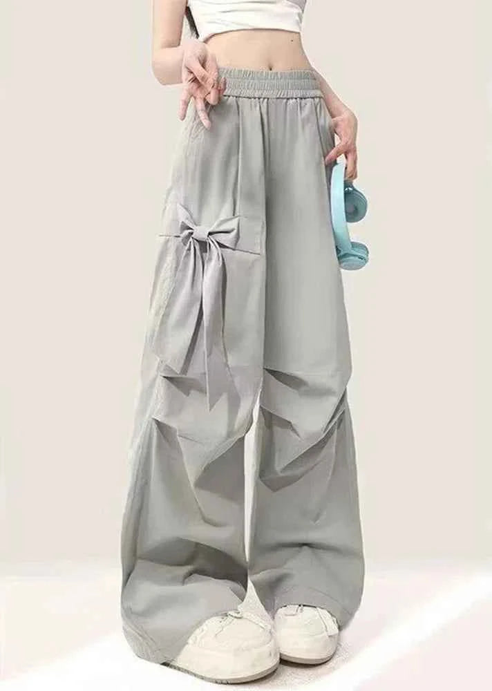 Women Vintage Casual Gray Bow Cargo Pants