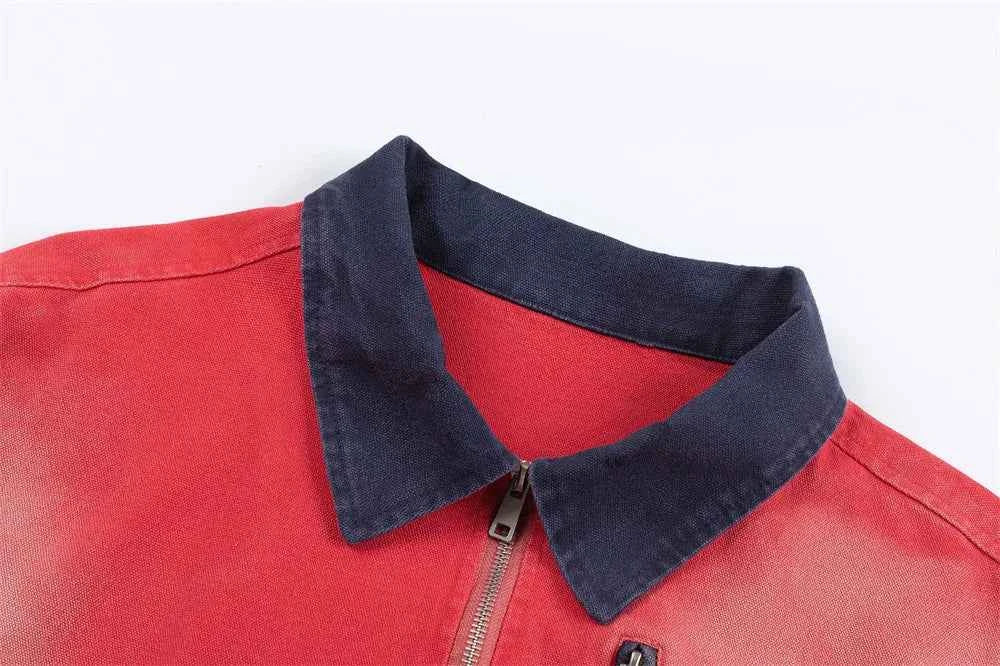 Retro Loose Color Block Cargo Ripped Denim Jacket