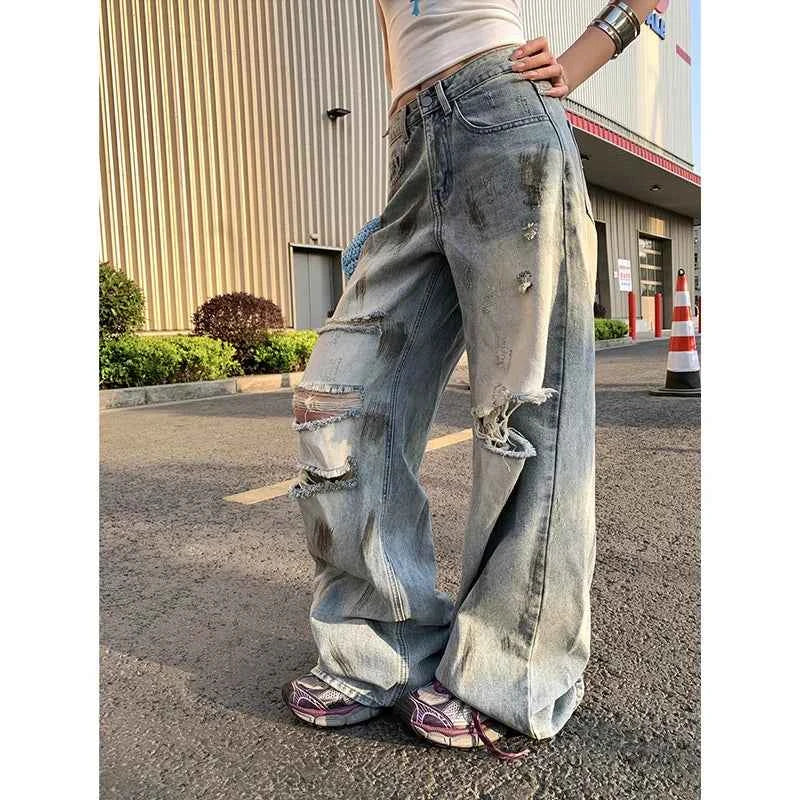 Retro Distressed American Style High Waisted Jeans