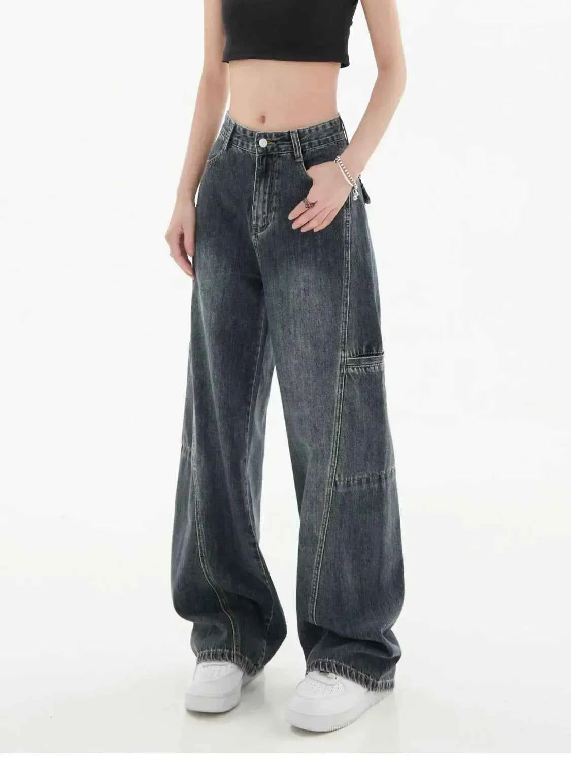 Women Vintage Washed Cargo Wide Leg Jeans