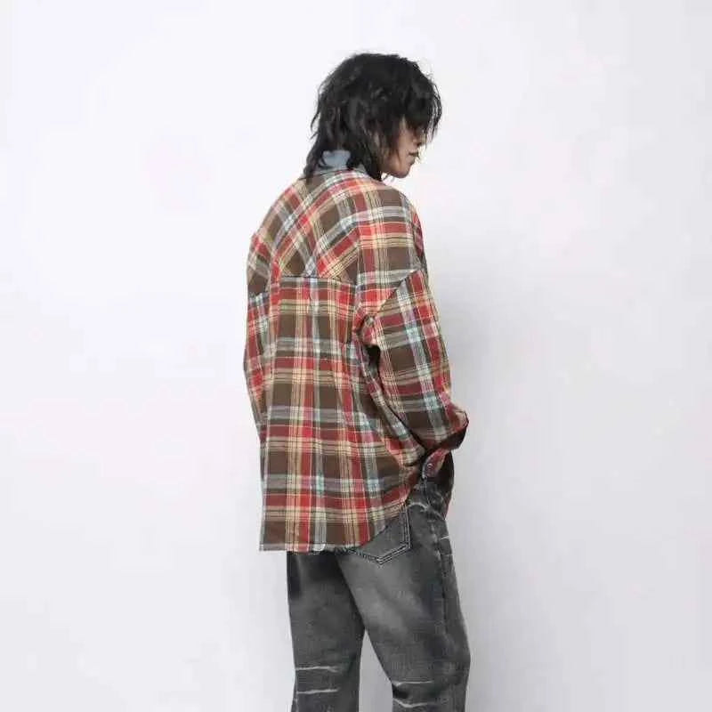 Fashionable Vintage Plaid Frayed Edge Long Sleeve Shirt