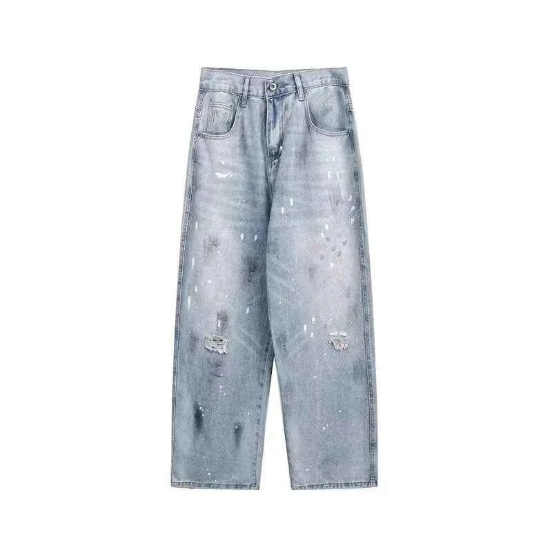 Ripped Baggy Graffiti Printed Denim Jeans