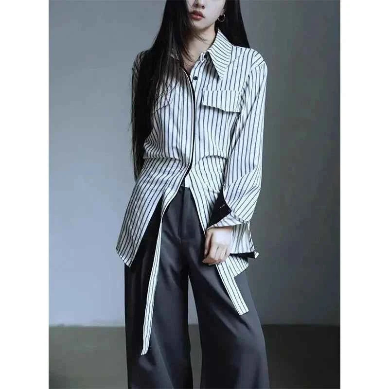 Elegant Vintage Striped Patchwork Blouses Shirt
