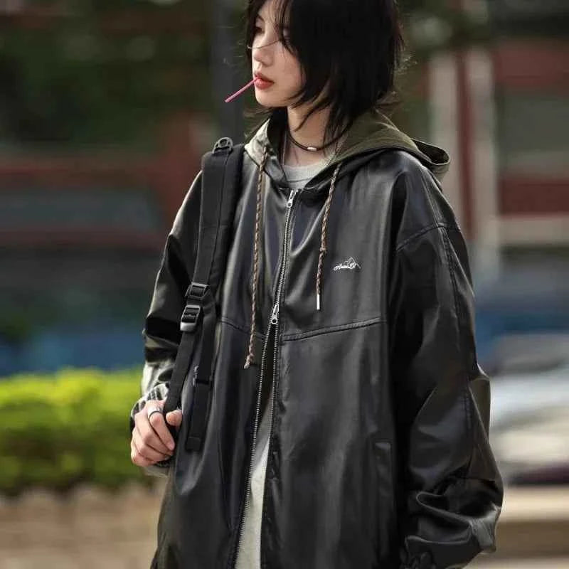 Chic Black PU Leather Hooded Zipper Jacket