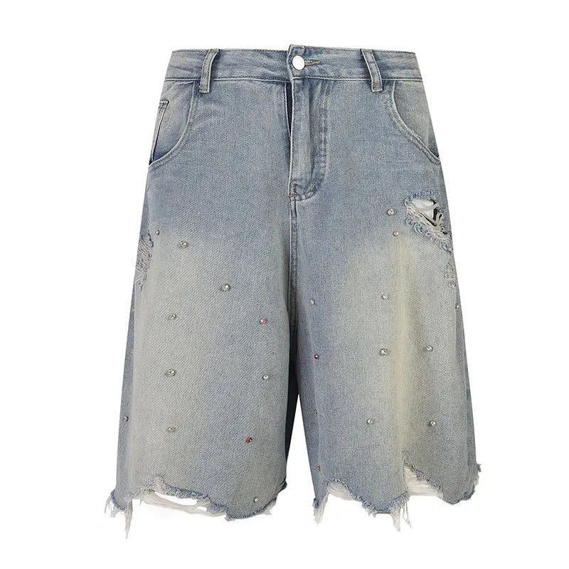 Rhinestone Denim Streetwear Blue Ripped Jeans Shorts