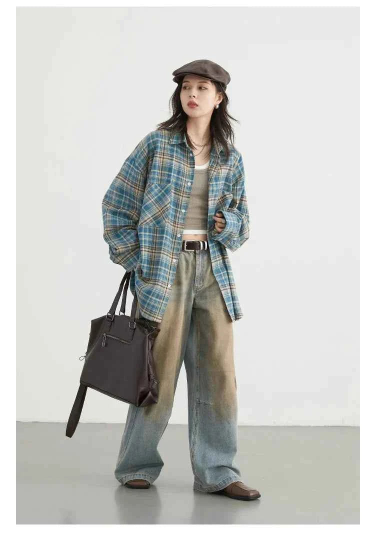 Women Streetwear Cool Color Blocked Grid Chic Cotton Shirt