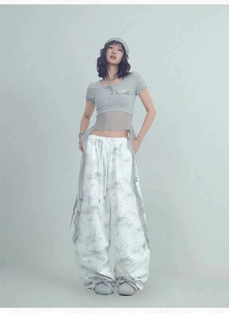 White Printed Knitted Paratrooper Pants