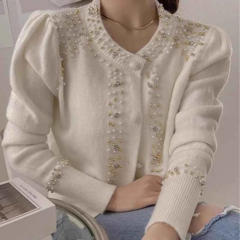 Stylish Beaded Bubble Sleeve Knit Cardigan