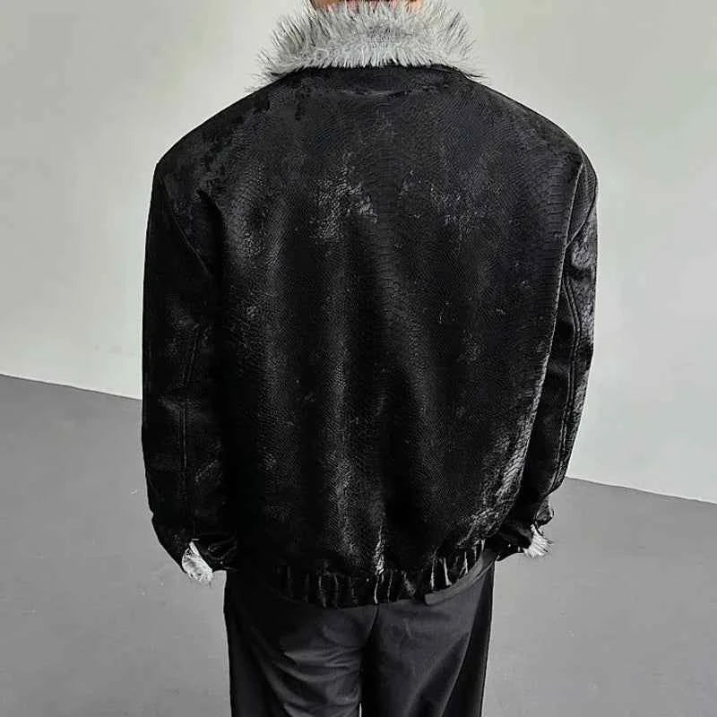 Niche Design Diamonds Fur Collar PU Leather Jacket