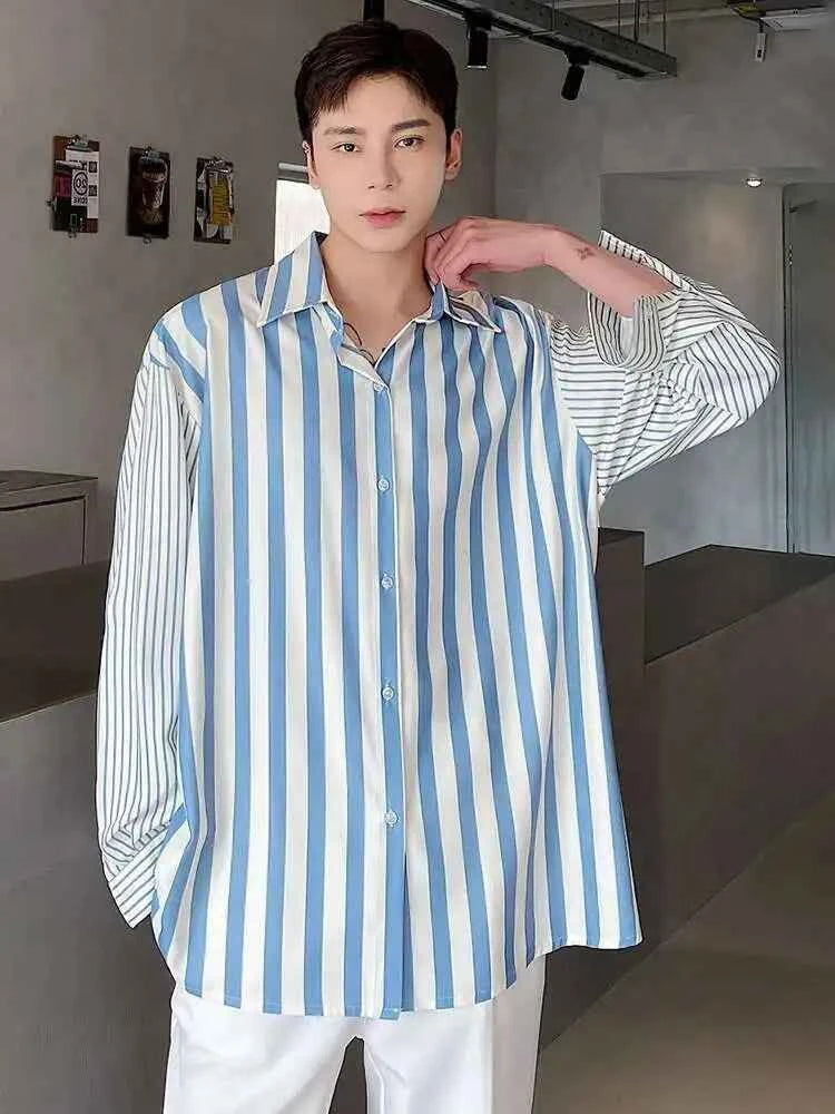 High-Quality Satin Stripe Splicing Long Sleeve Shirt
