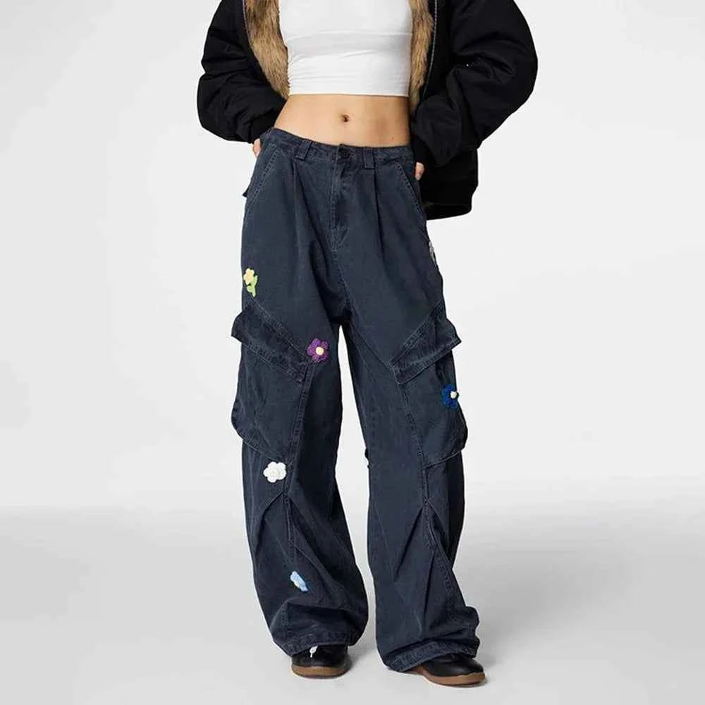 Floral Embroidered Loose Straight Cargo Pants
